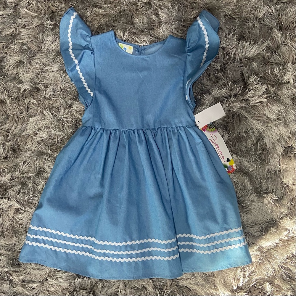 Samara Girls Blue Ruffle Sleeve Dress with White Trim